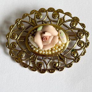 Vintage Gold Pink Rose Flower Brooch Pin Plated Filigree Mothers Day Gift
